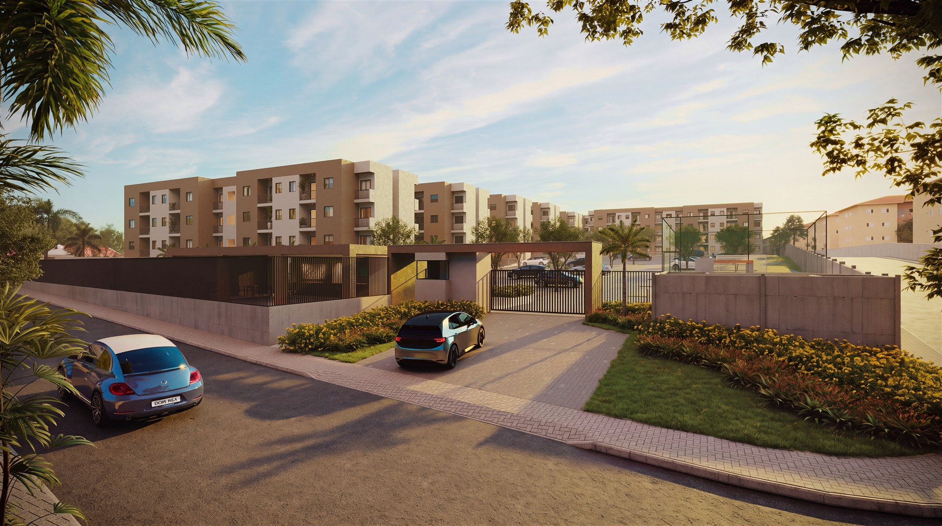 Perspectiva da entrada do Urban Caruaru, com edifícios residenciais e paisagismo.