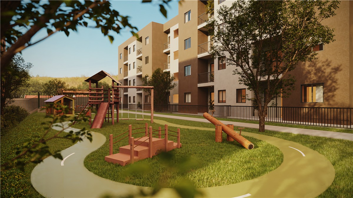 Perspectiva do playground do Urban, com brinquedos e paisagismo.